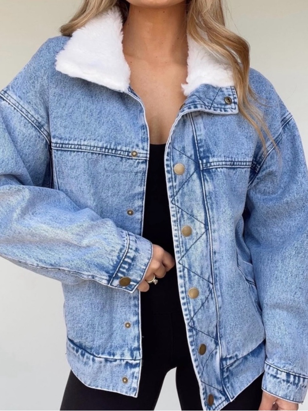 Mono B Light Blue Denim Jacket with White Sherpa Collar